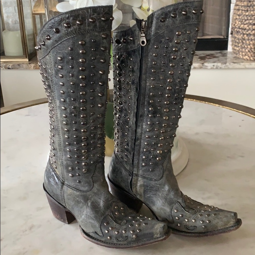 Gray Distressed Studded Corral Boots
